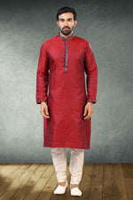 Load image into Gallery viewer, Red Color Jacquard Silk Fabric Wedding Wear Stylish Readymade Kurta Pyjama For Men
