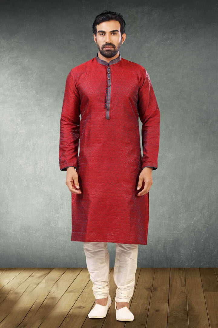 Red Color Jacquard Silk Fabric Wedding Wear Stylish Readymade Kurta Pyjama For Men