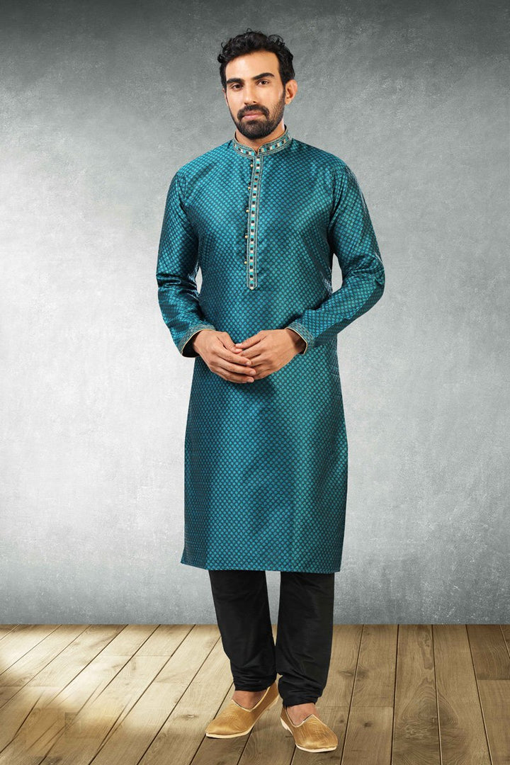 Teal Color Jacquard Silk Fabric Sangeet Wear Stylish Readymade Kurta Pyjama For Men