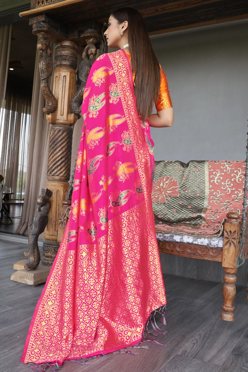 Pink Color Reception Wear Designer Art Silk Fabric Weaving Work Saree