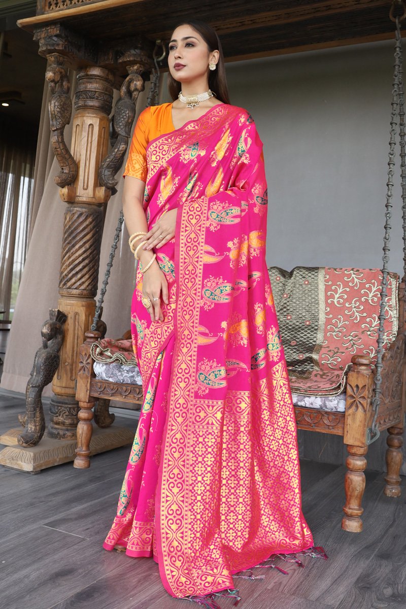 Pink Color Reception Wear Designer Art Silk Fabric Weaving Work Saree