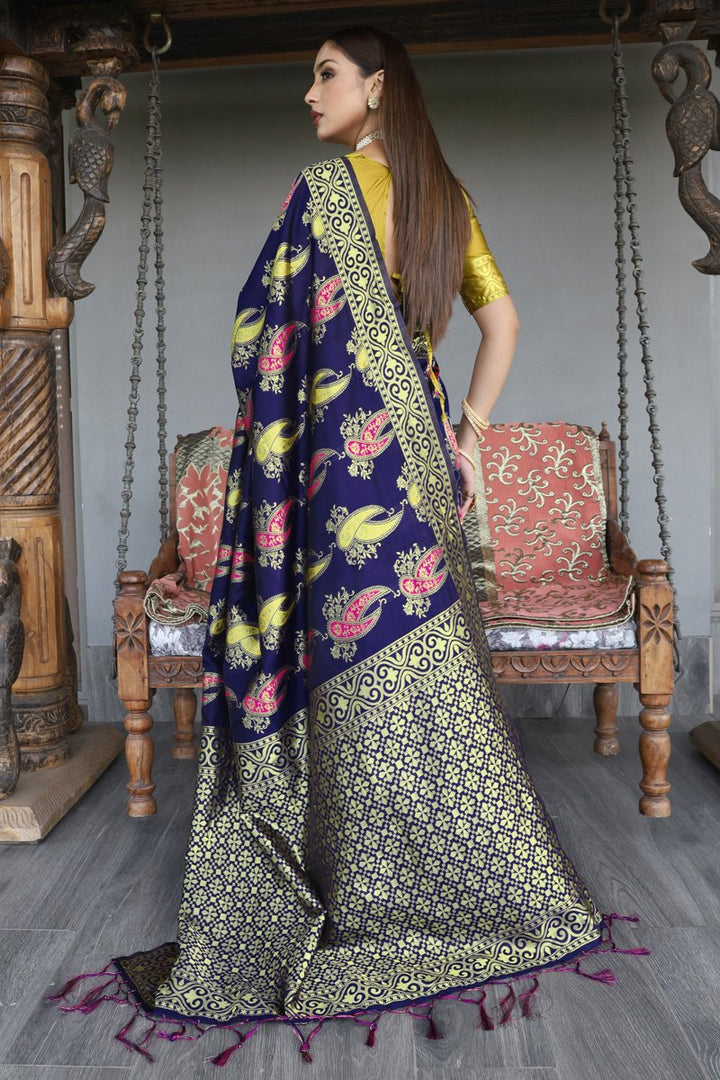 Navy Blue Color Festive Wear Designer Art Silk Fabric Weaving Work Saree