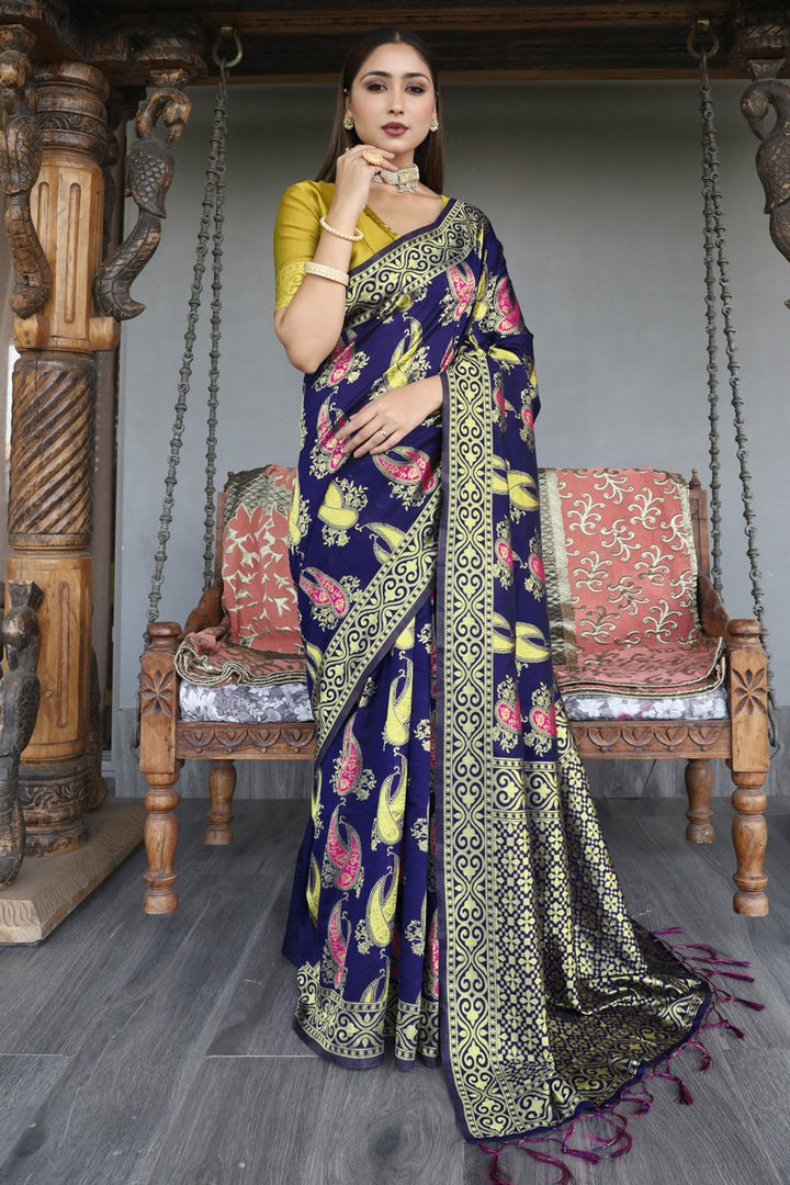 Navy Blue Color Festive Wear Designer Art Silk Fabric Weaving Work Saree | Buy Online India