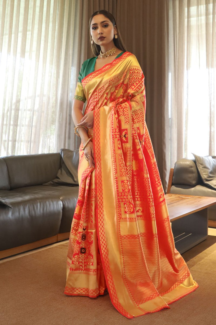 Red Art Silk Fabric Weaving Work Sangeet Wear Saree