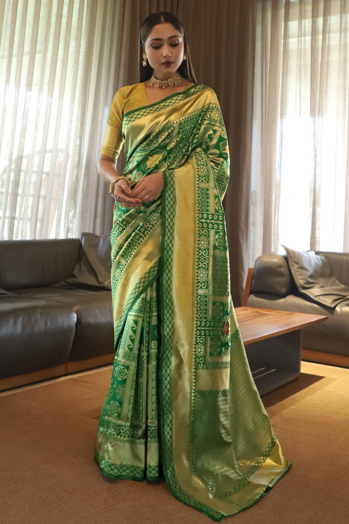 Designer Weaving Work Reception Wear Dark Green Color Saree In Art Silk Fabric