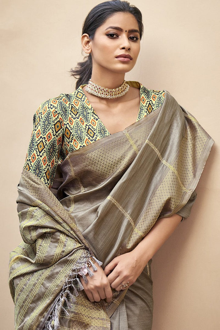 Art Silk Fabric Festive Wear Dark Beige Color Weaving Work Saree