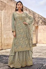 Load image into Gallery viewer, Jacquard Fabric Embroidered Festive Wear Palazzo Suit In Grey Color
