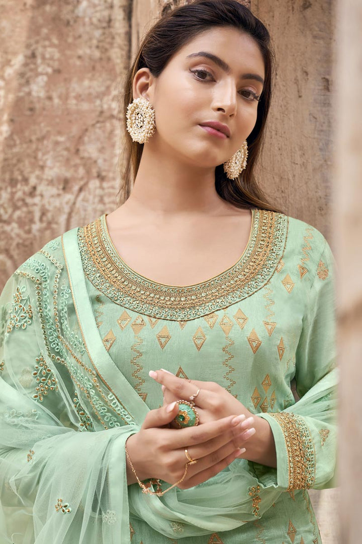 Sea Green Color Festive Wear Embroidered Jacquard Fabric Palazzo Suit