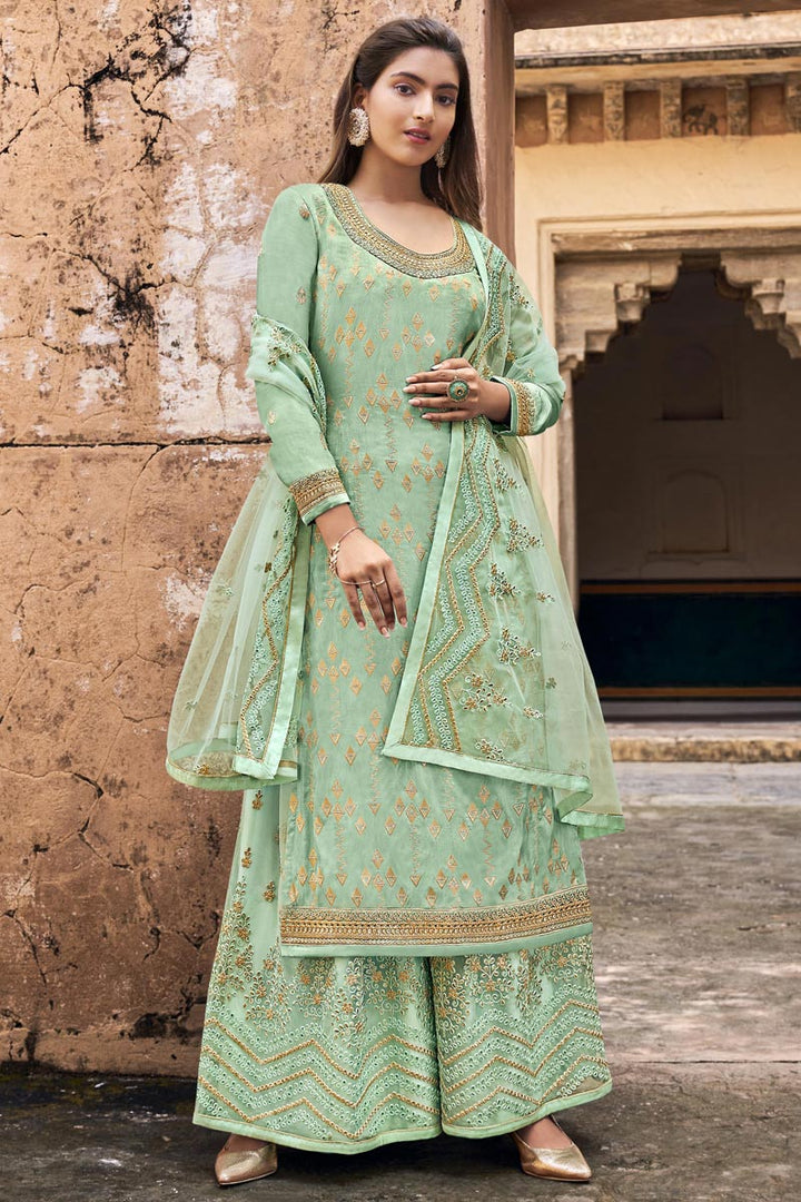 Sea Green Color Festive Wear Embroidered Jacquard Fabric Palazzo Suit