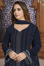 Load image into Gallery viewer, Festive Wear Georgette Fabric Navy Blue Color Embroidered Palazzo Suit
