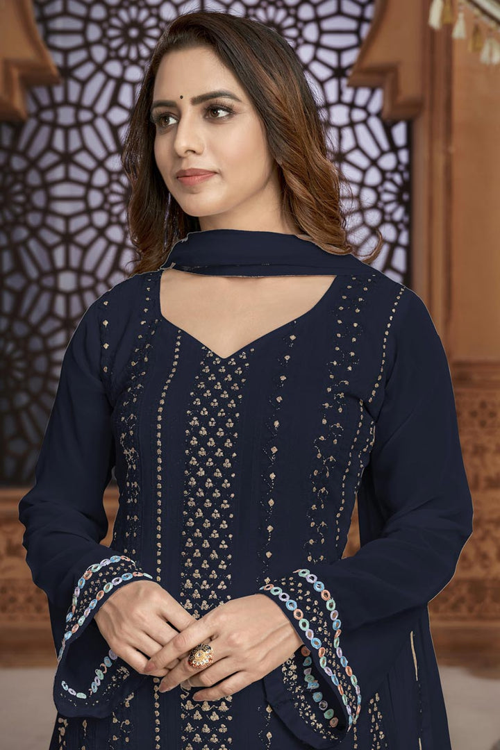 Festive Wear Georgette Fabric Navy Blue Color Embroidered Palazzo Suit