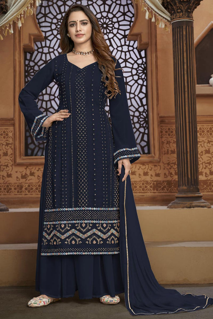 Festive Wear Georgette Fabric Navy Blue Color Embroidered Palazzo Suit