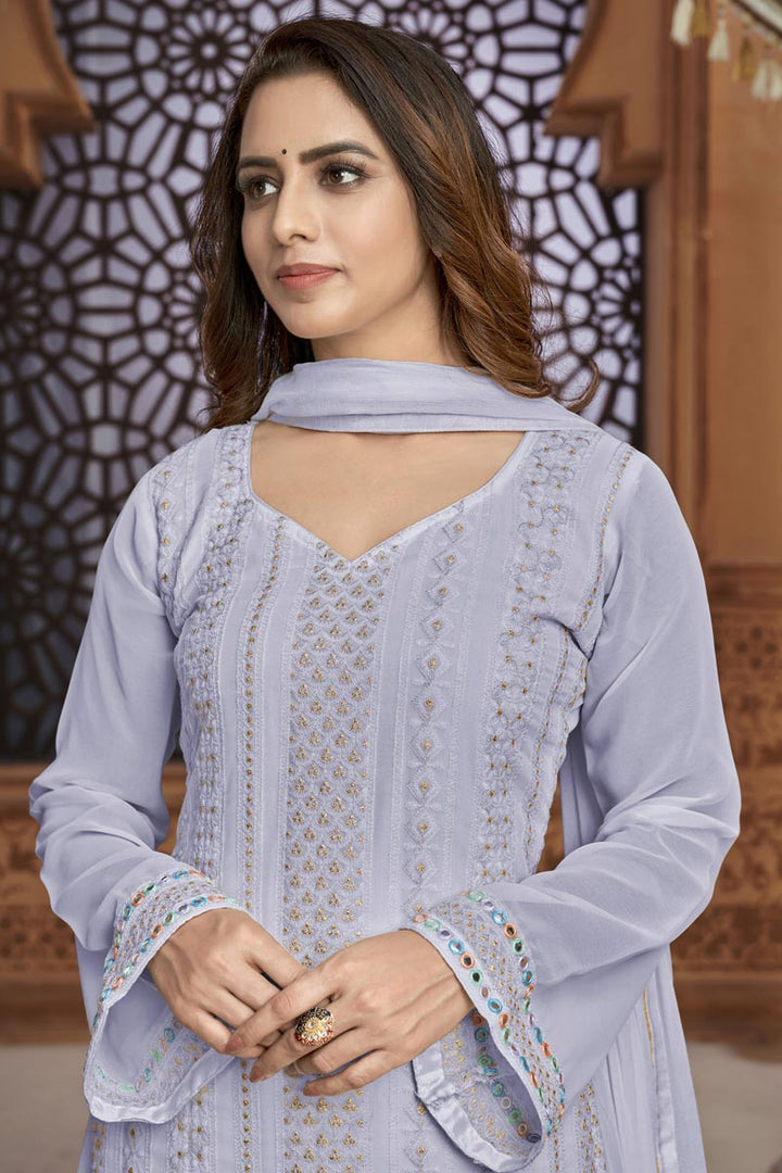 Georgette Fabric Embroidered Levender Color Festive Wear Designer Palazzo Suit