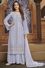 Load image into Gallery viewer, Georgette Fabric Embroidered Levender Color Festive Wear Designer Palazzo Suit
