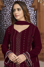 Load image into Gallery viewer, Maroon Festive Wear Embroidered Georgette Fabric Palazzo Suit
