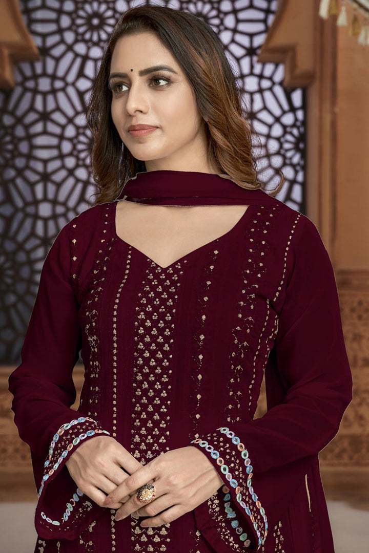 Maroon Festive Wear Embroidered Georgette Fabric Palazzo Suit
