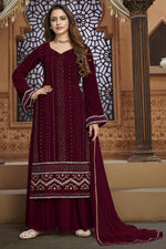 Load image into Gallery viewer, Maroon Festive Wear Embroidered Georgette Fabric Palazzo Suit
