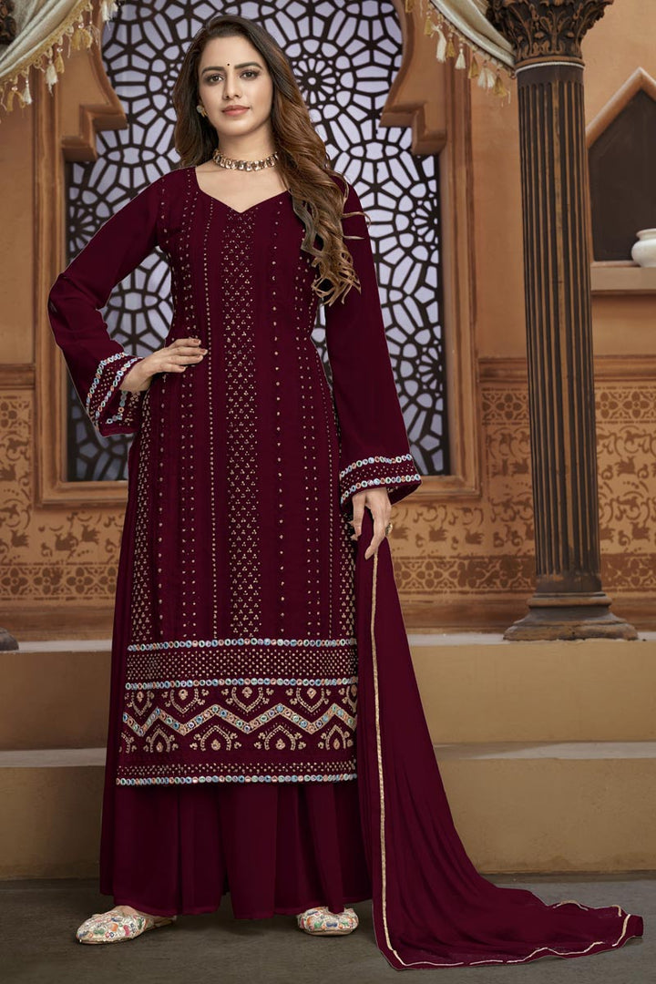 Maroon Festive Wear Embroidered Georgette Fabric Palazzo Suit