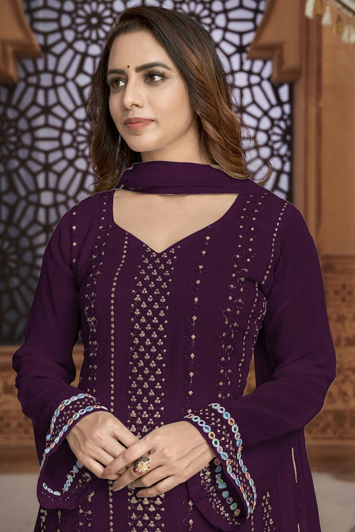 Purple Color Georgette Fabric Sangeet Wear Embroidered Palazzo Suit
