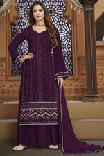 Load image into Gallery viewer, Purple Color Georgette Fabric Sangeet Wear Embroidered Palazzo Suit
