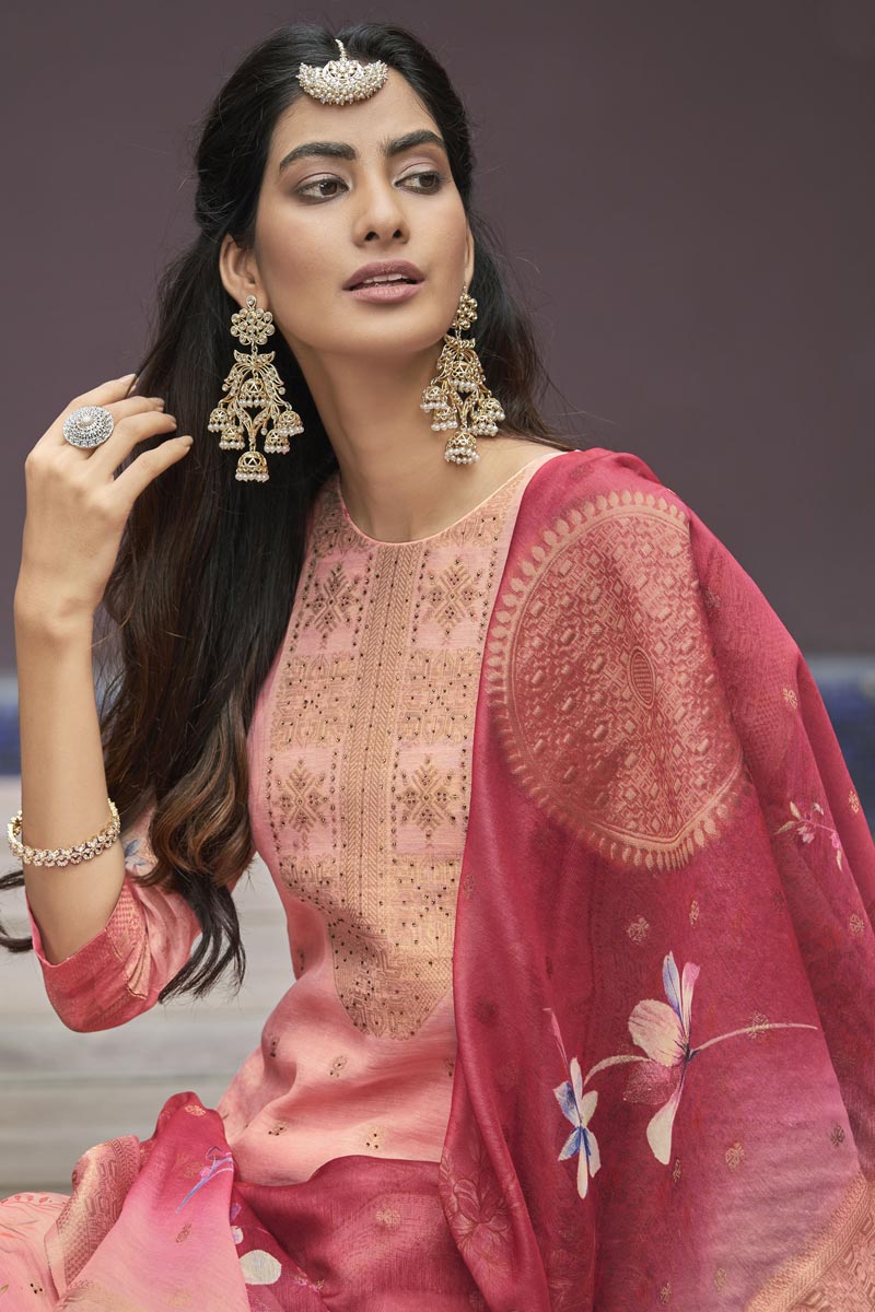 Jacquard Fabric Printed Festive Wear Salwar Suit In Pink Color