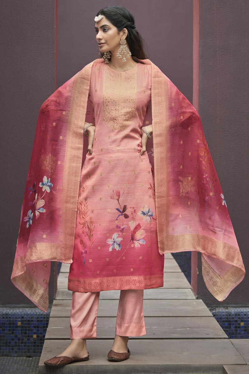 Jacquard Fabric Printed Festive Wear Salwar Suit In Pink Color