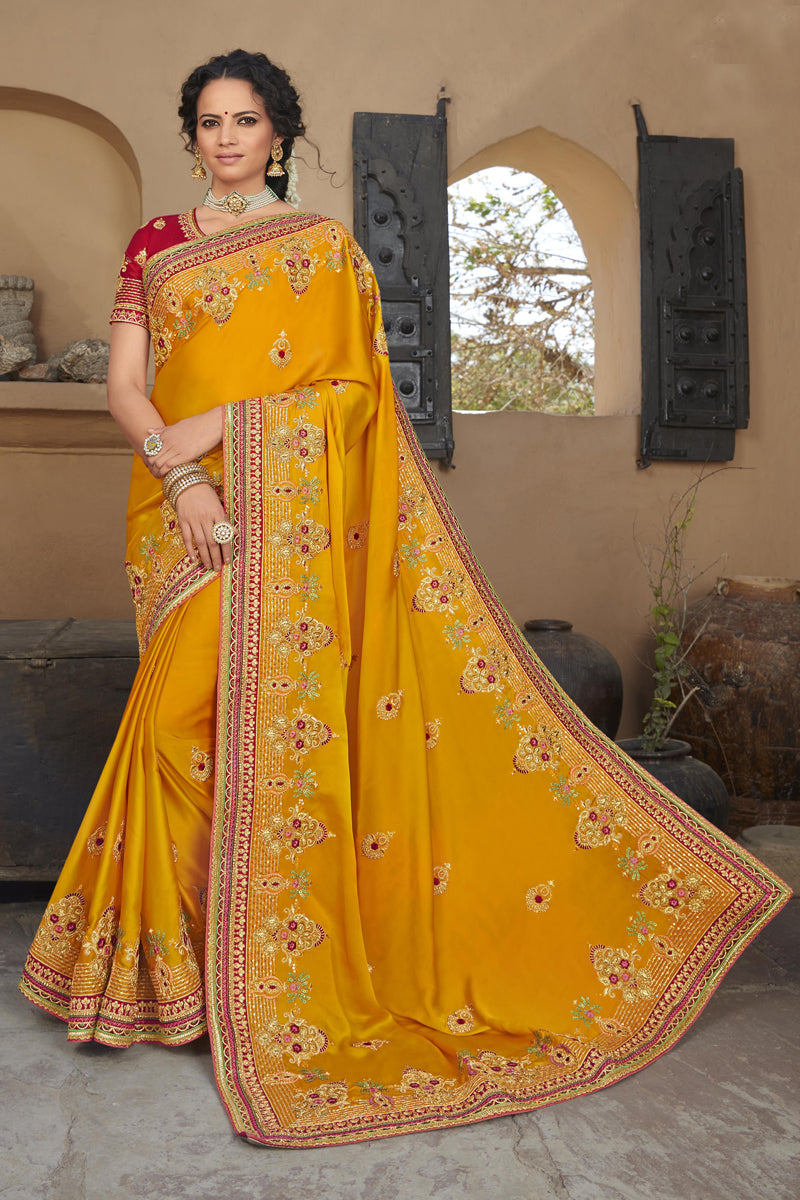 Art Silk Fabric Bright Saree In Mustard Color With Sequince Work