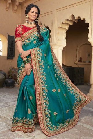 Sequince Work Art Silk Fabric Function Wear Cyan Color Saree