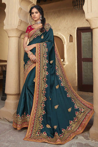 Art Silk Fabric Teal Color Function Wear Saree With Sequince Work