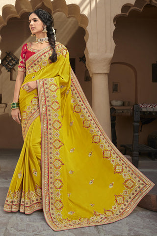 Attractive Sequince Work On Yellow Color Function Wear Art Silk Saree