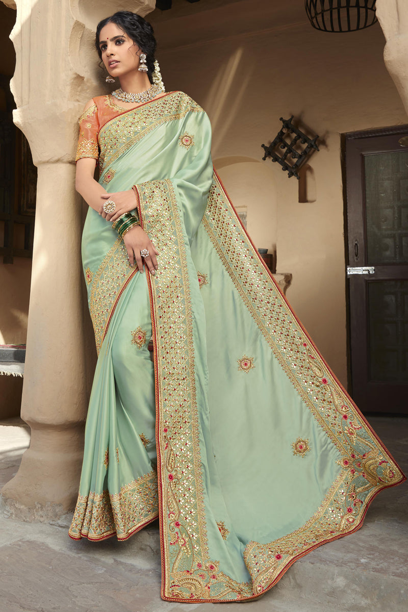 Radiant Light Cyan Color Sequince Work On Function Wear Saree In Art Silk Fabric