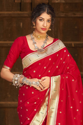 Red Color Function Wear Banarasi Silk Weaving Work Saree