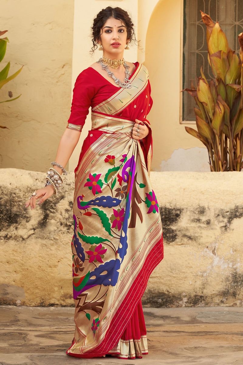 Red Color Function Wear Banarasi Silk Weaving Work Saree