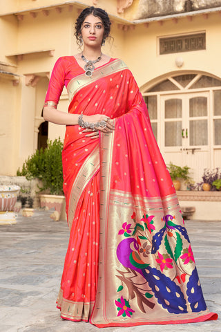 Weaving Work On Banarasi Silk Function Wear Peach Color Saree