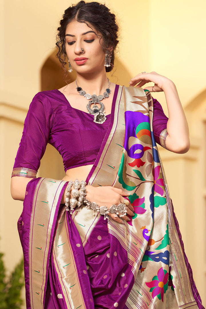 Weaving Work On Traditional Wear Banarasi Silk Saree In Purple Color