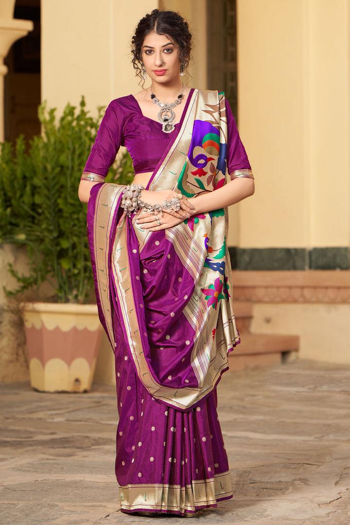 Weaving Work On Traditional Wear Banarasi Silk Saree In Purple Color