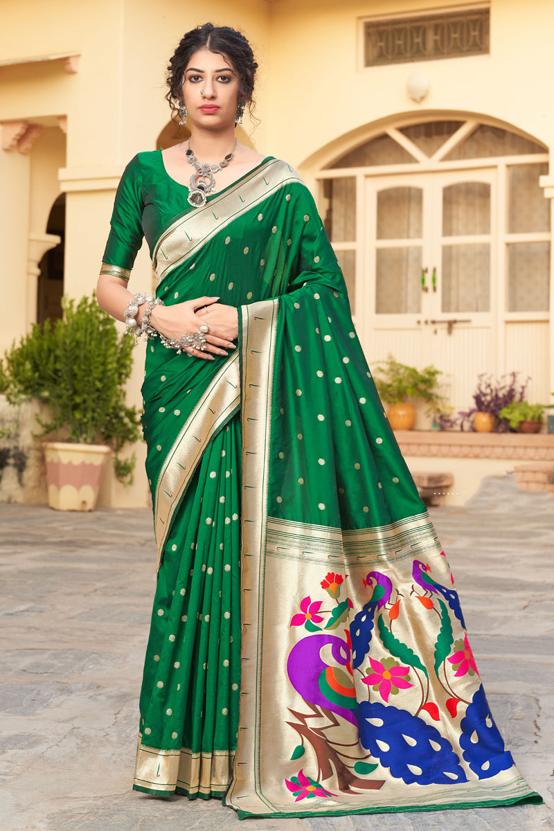 Green Color Banarasi Silk Traditional Saree With Weaving Work