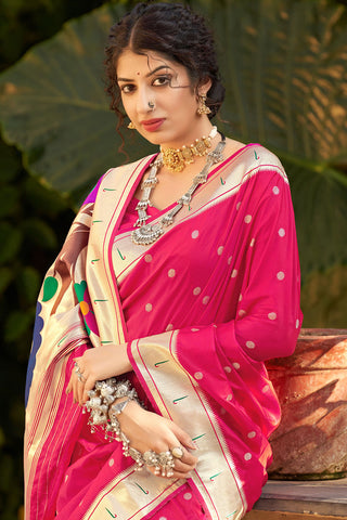 Weaving Work On Function Wear Pink Color Saree In Banarasi Silk Fabric