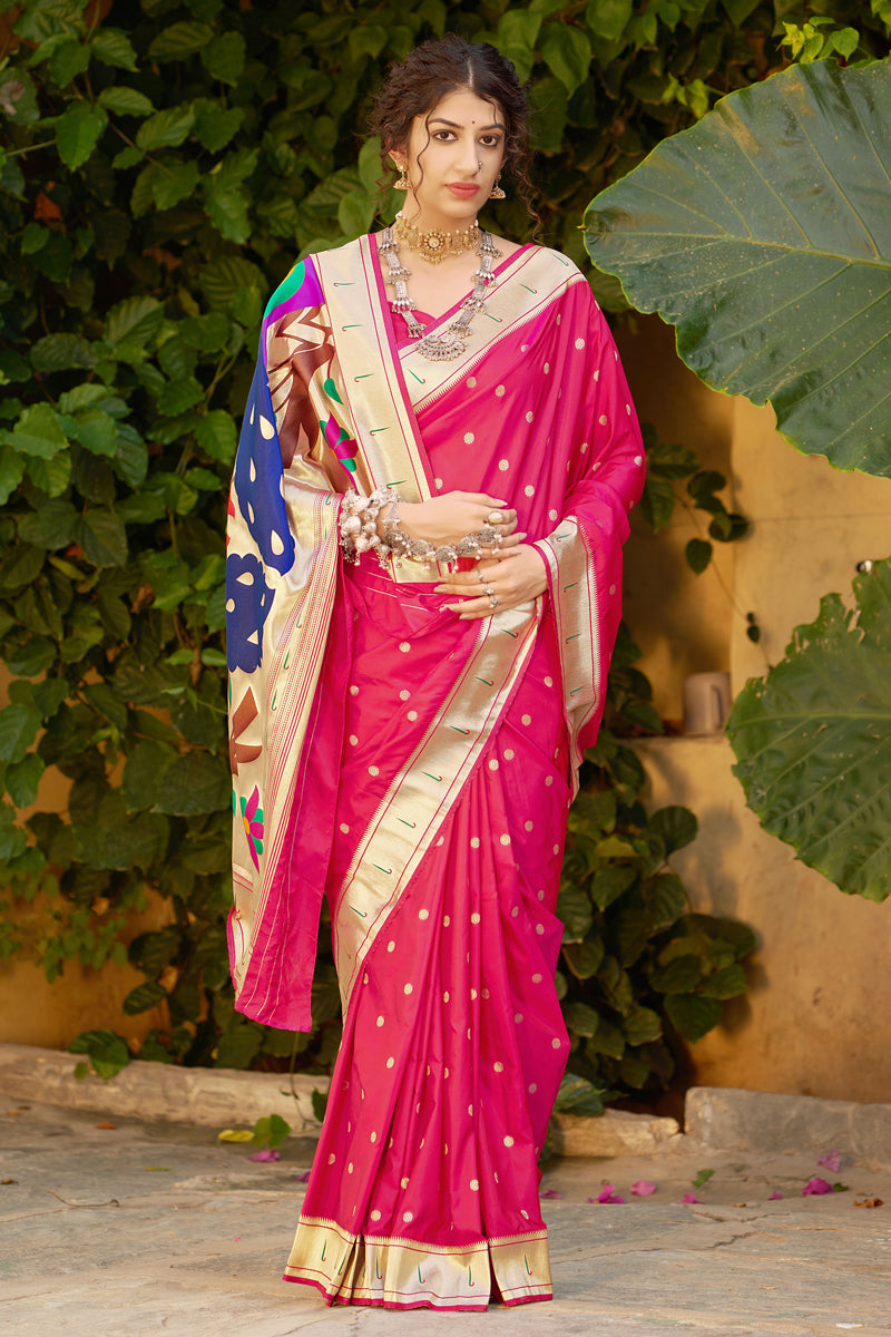 Weaving Work On Function Wear Pink Color Saree In Banarasi Silk Fabric