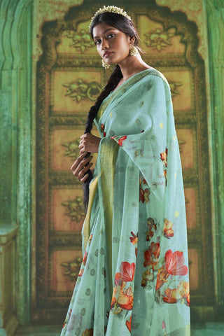 Light Cyan Function Wear Linen Trendy Saree