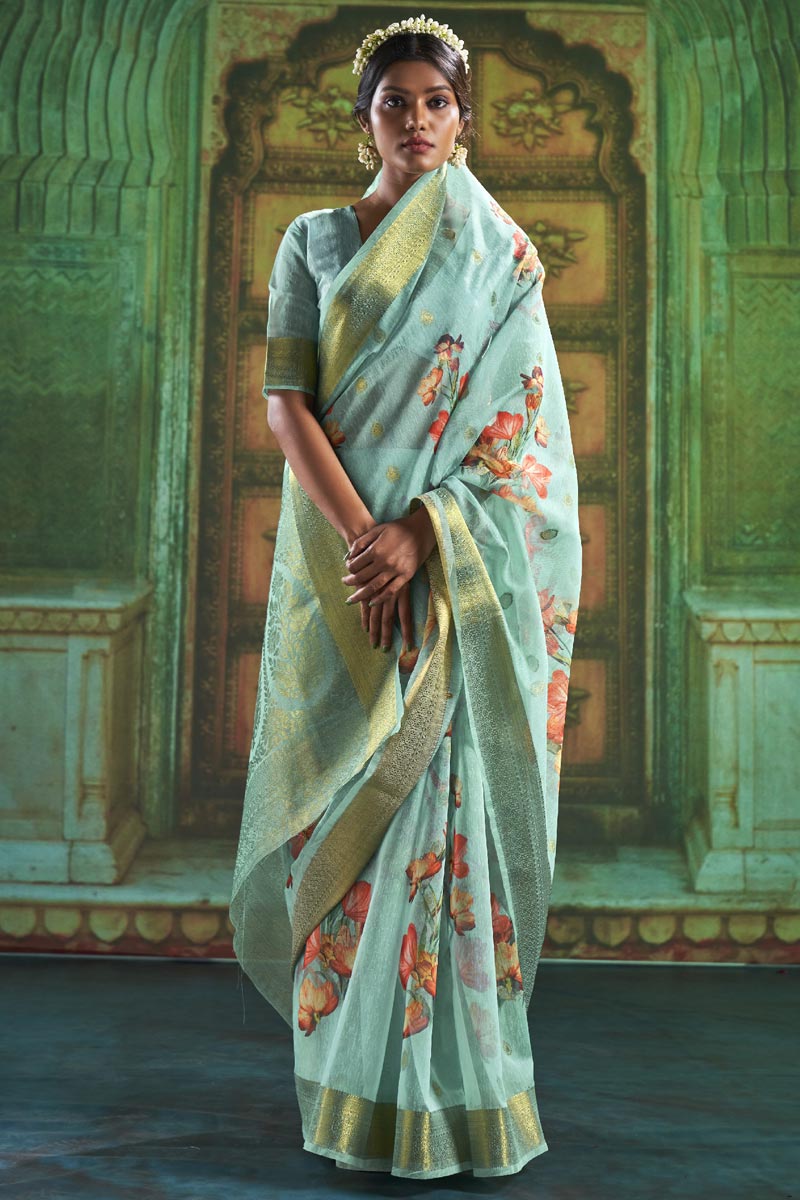 Light Cyan Function Wear Linen Trendy Saree