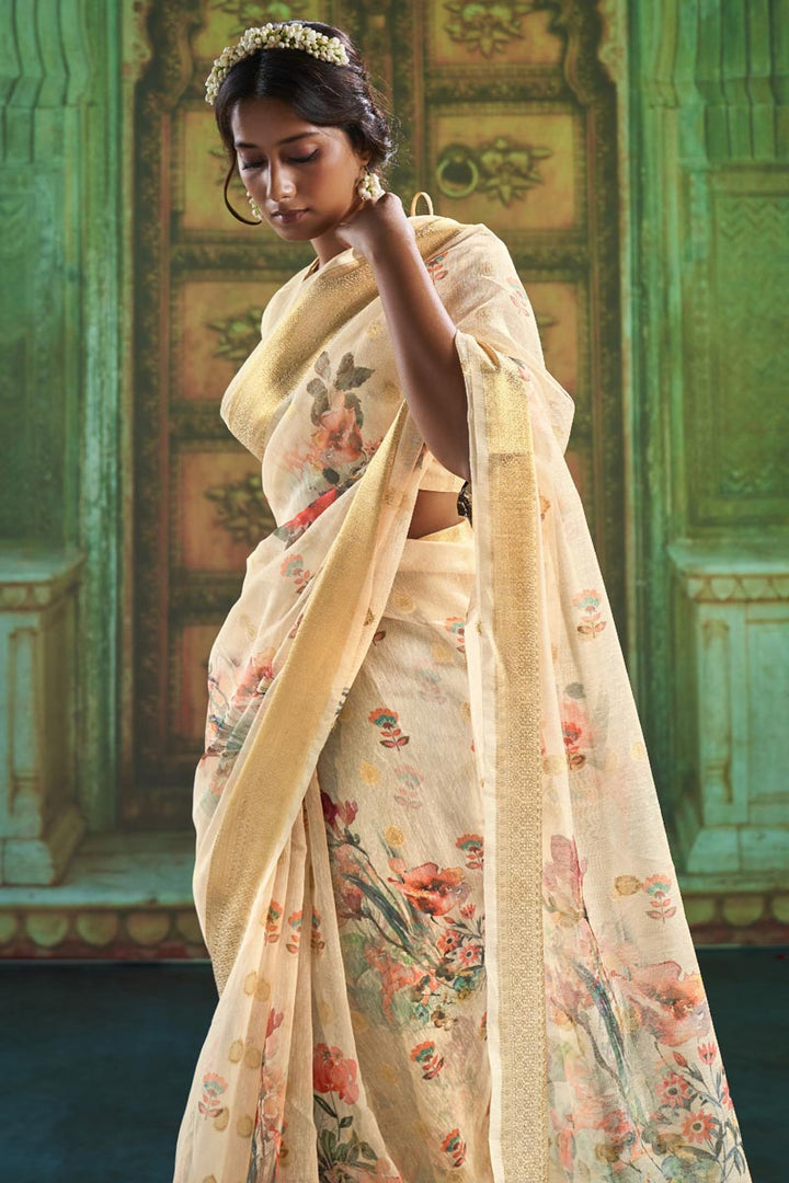 Peach Linen Floral Print Traditional Saree