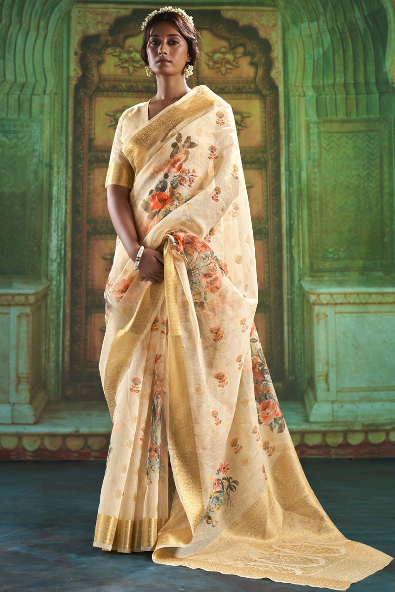 Peach Linen Floral Print Traditional Saree