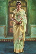Load image into Gallery viewer, Amazing Floral Print Sea Green Party Wear Linen Saree
