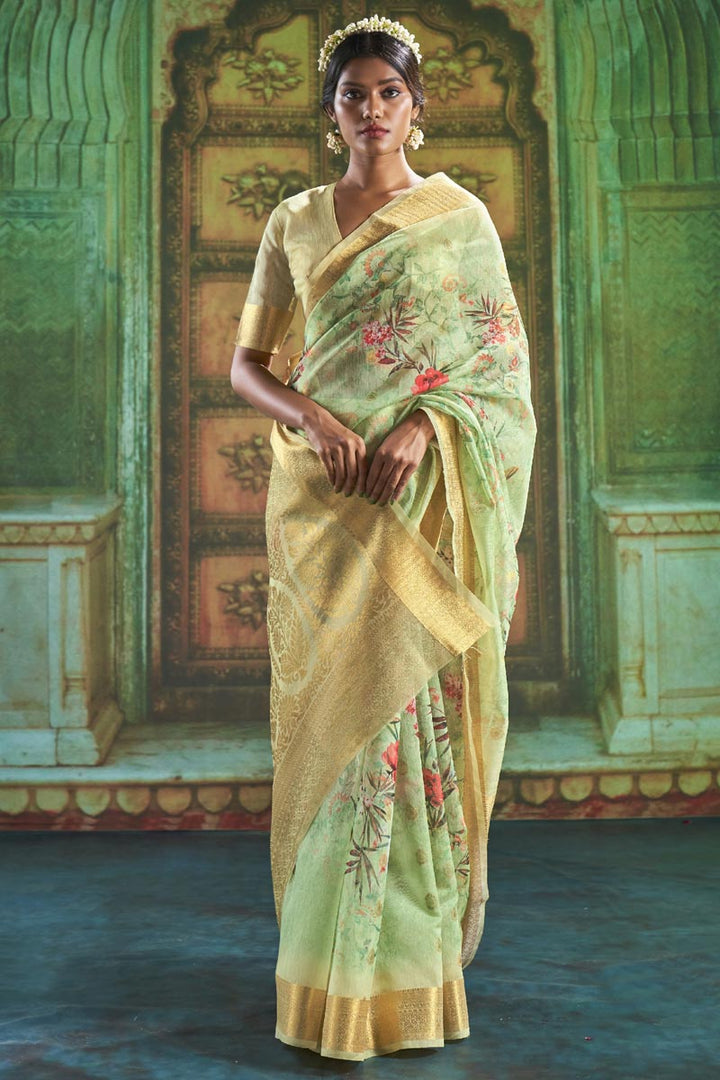 Amazing Floral Print Sea Green Party Wear Linen Saree