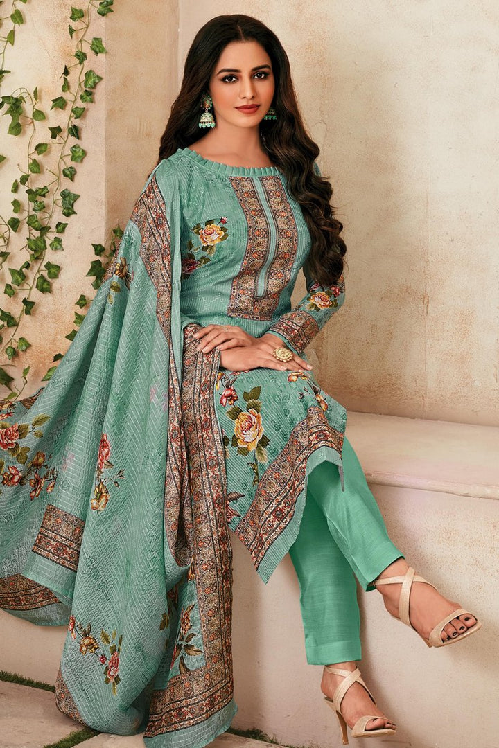 Cyan Color Muslin Fabric Festive Wear Printed Salwar Suit