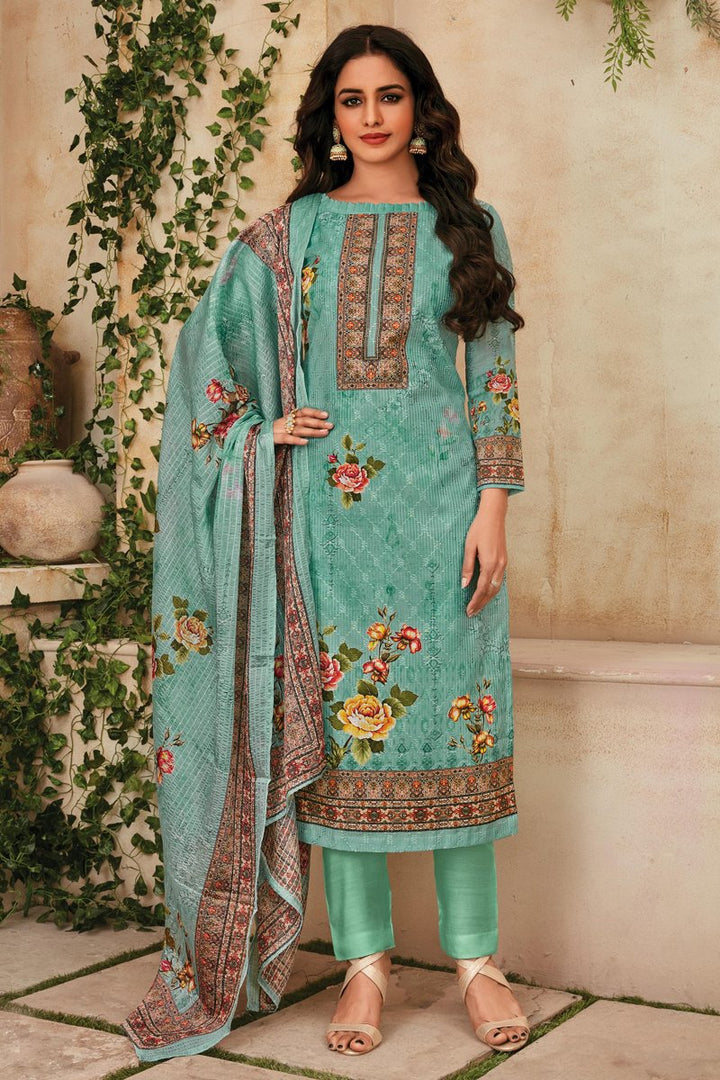 Cyan Color Muslin Fabric Festive Wear Printed Salwar Suit