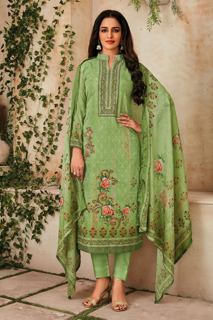 Daily Wear Muslin Fabric Green Color Printed Salwar Suit