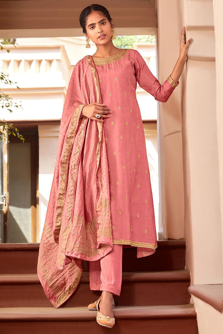 Cotton Silk Fabric Function Wear Embroidered Salwar Suit In Pink Color