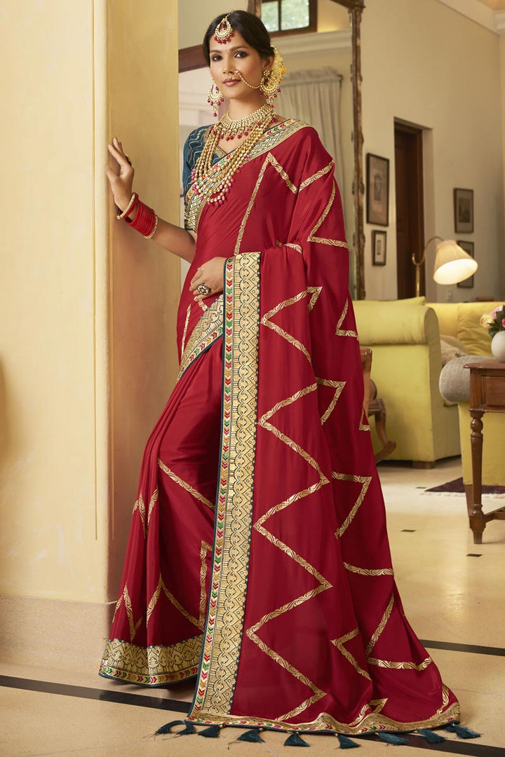 Crepe Silk Fabric Function Wear Red Embroidered Designer Saree